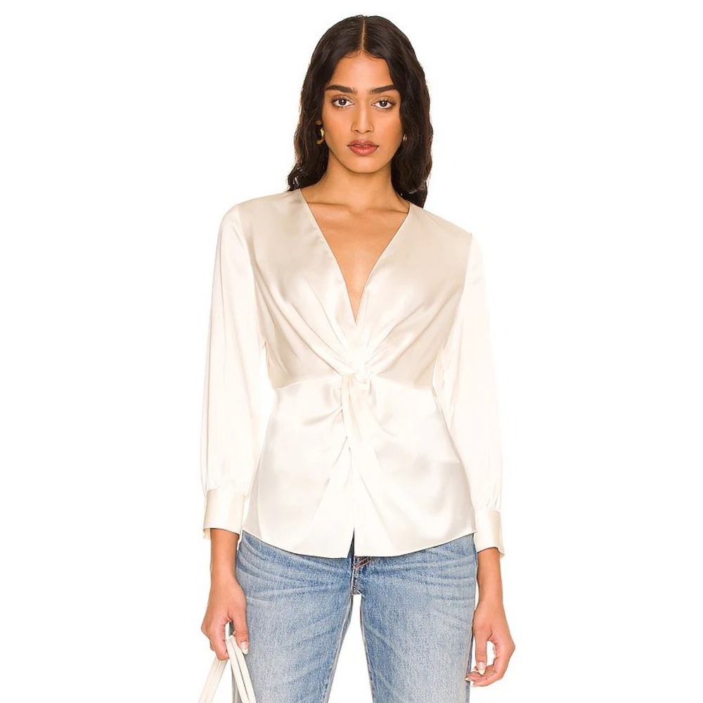 Theory Revolve Ivory Soft Satin LS Twist Blouse V-Neck‎ Long Sleeve Top Size 6